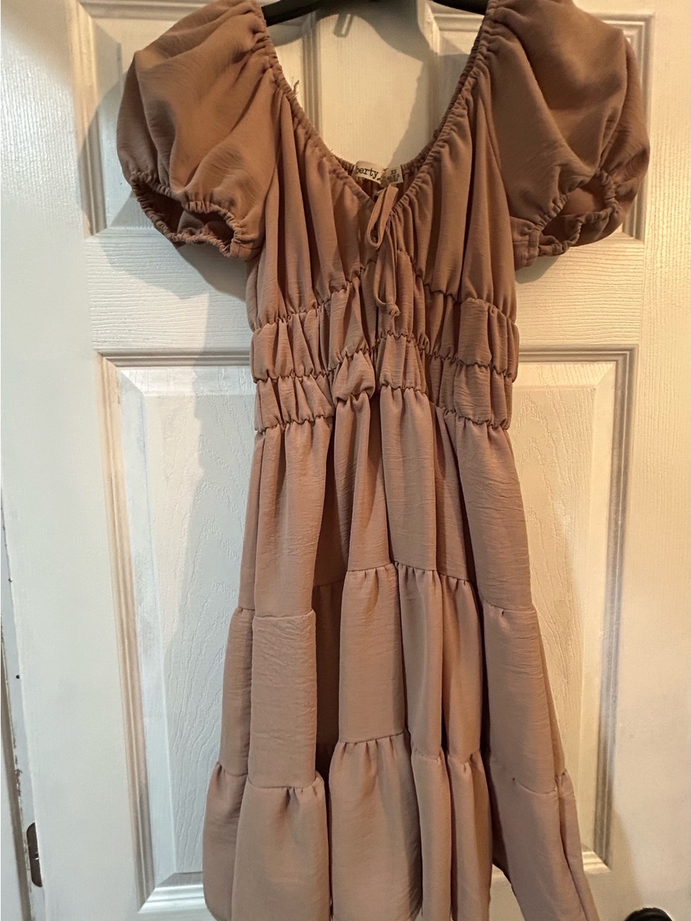 Liberty Love Taupe Puff-Sleeve Tiered Mini Dress XS
